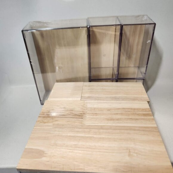 NEW Drawer Desktop Organizer 8 Piece Set Acrylic Clear with Wooden Lids … - Picture 9 of 14